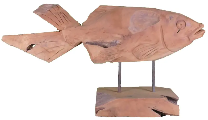 Product image of the product “carved koi wood on stand M made from teak root pieces, 64cm length ”